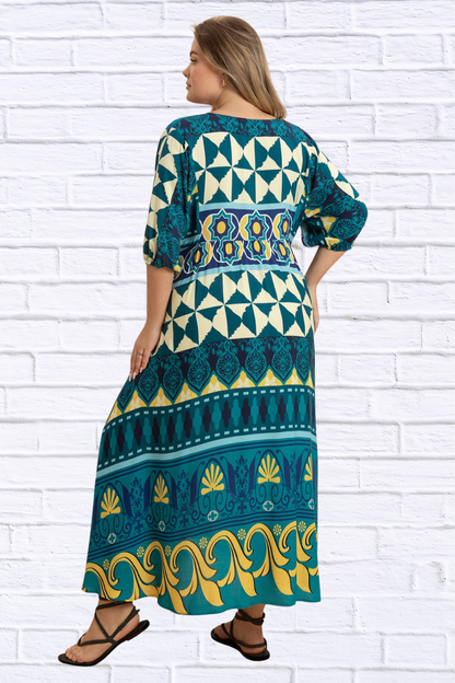 Plus Size Printed V-Neck Half Sleeve Midi Dress