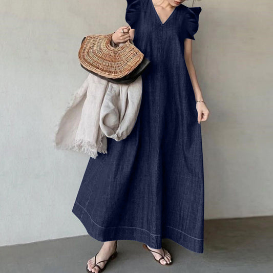 A-Line Oversized V-neck Ruffled Sleeve Dress