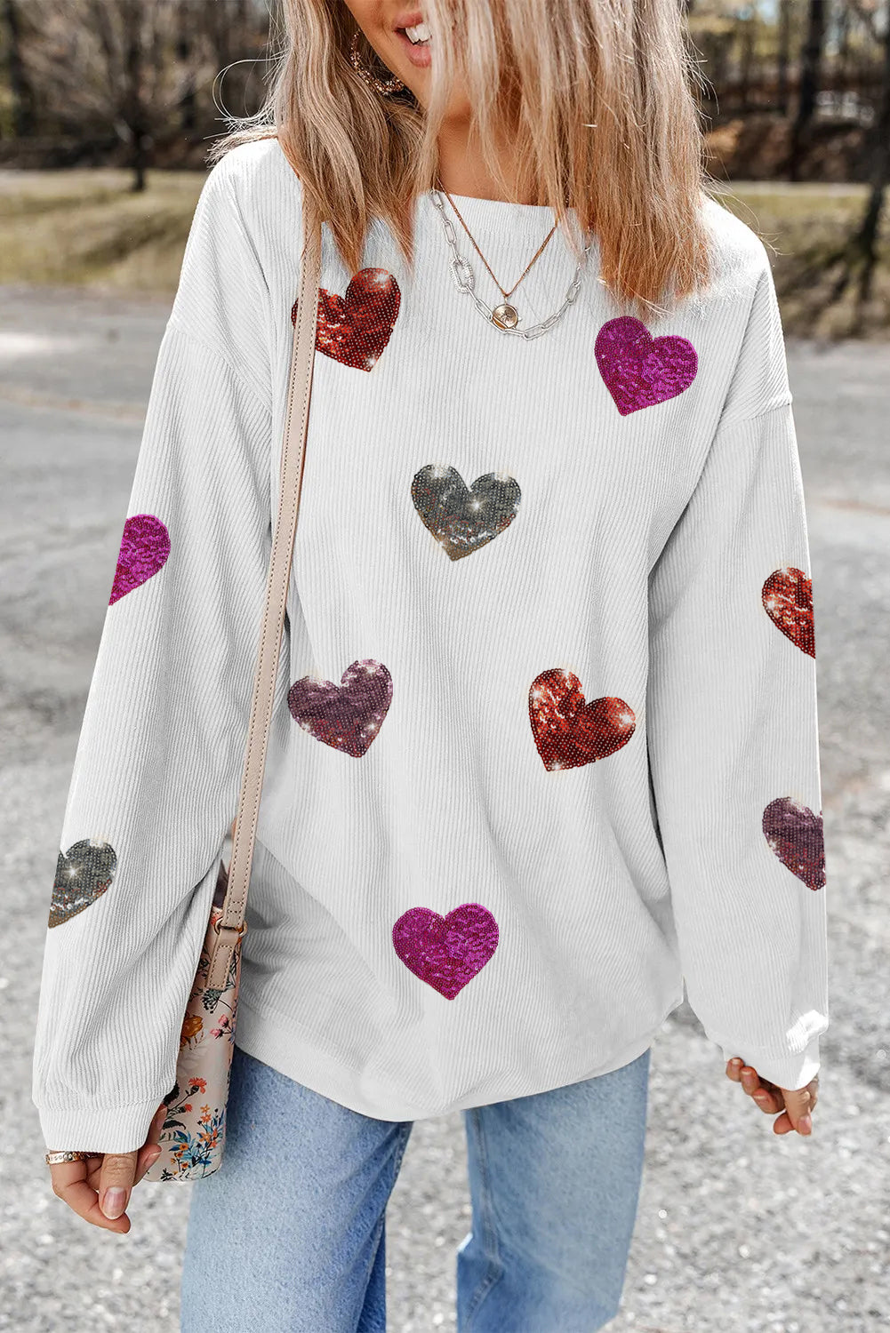 Blue Zone Planet | Valentine’S Day Sequin Heart Round Neck Long Sleeve Sweatshirt