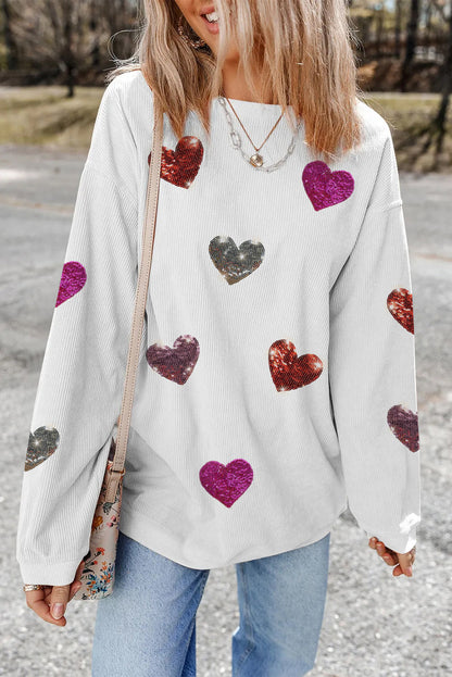 Blue Zone Planet | Valentine’S Day Sequin Heart Round Neck Long Sleeve Sweatshirt