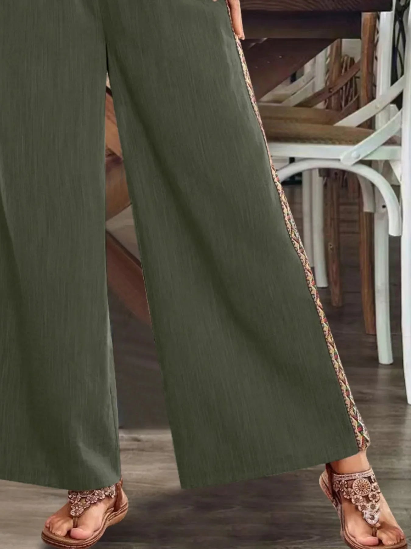 Bohemian Wide Leg Embroidered Side Stripe Pants