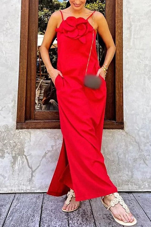 3D Flower Side Slit Cotton Linen Maxi Cami Dress Red