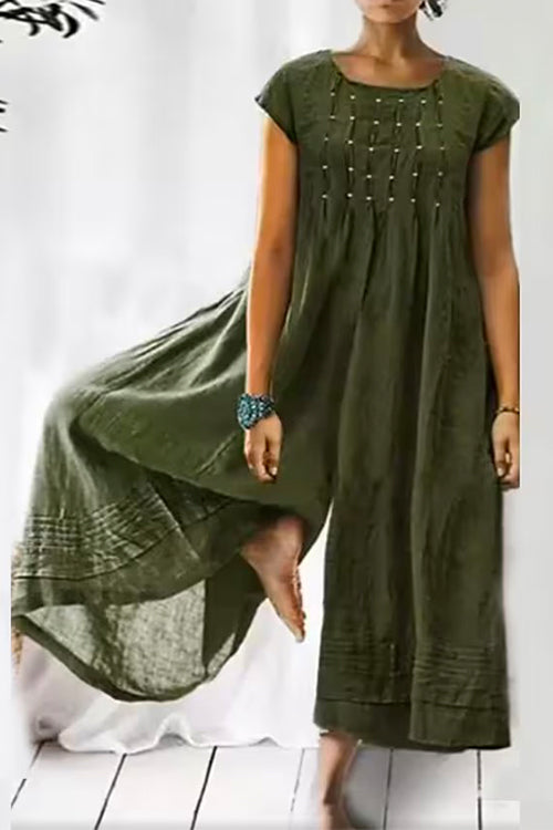 Rosiedress Ruched Short Sleeve Wide Leg Baggy Jumpsuit Green