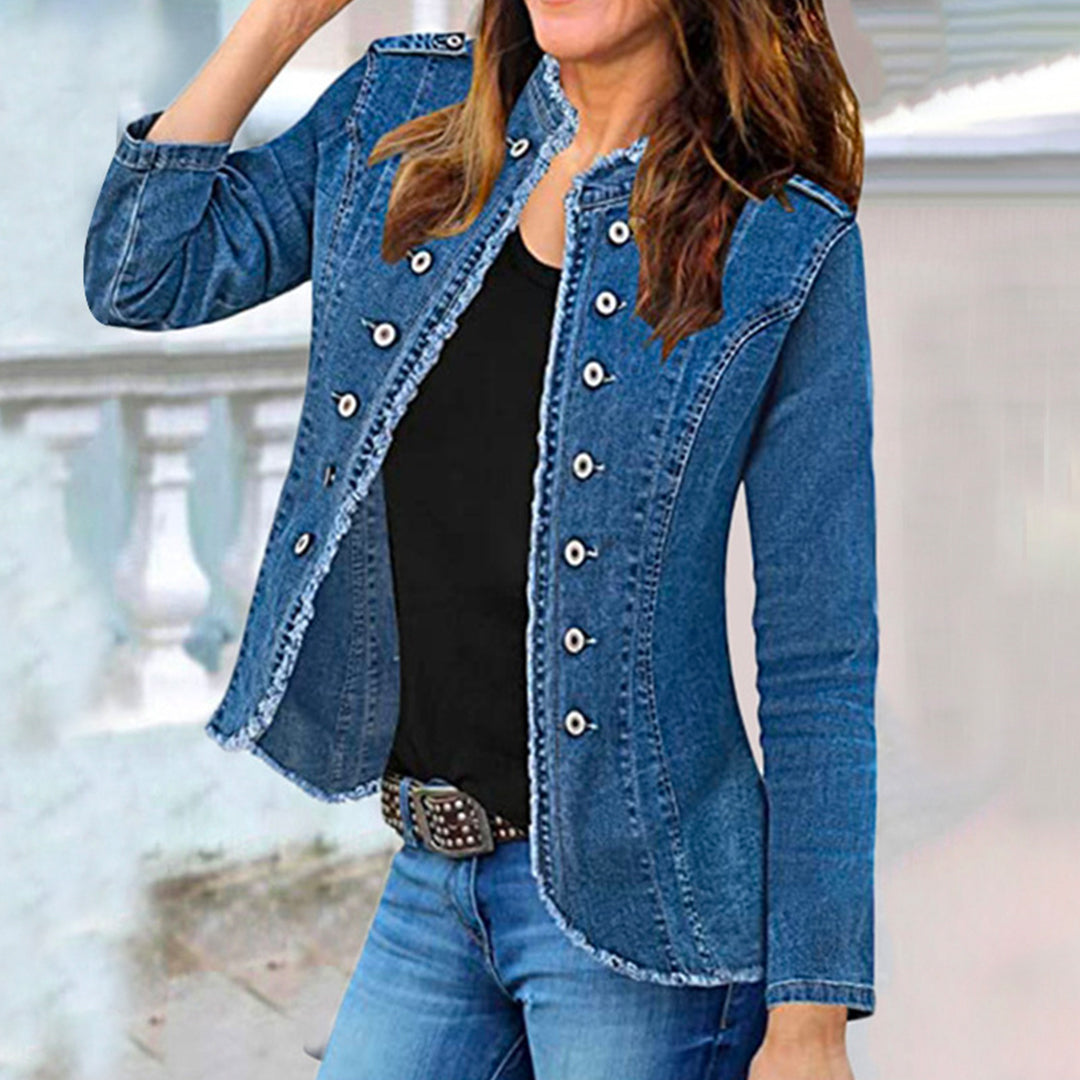 Rosiedress Stand Collar Double Breasted Raw Hem Denim Jacket Blue