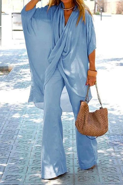 Cross Front Batwing Top Wide Leg Pants Cotton Linen Set LightBlue