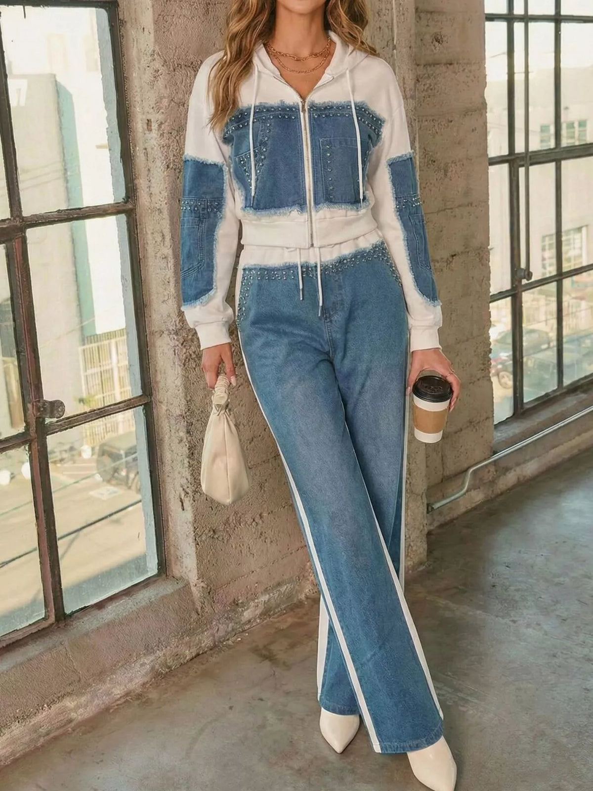 Full Size Studded Denim Patchwork Hoodie and Joggers Set Plus Size