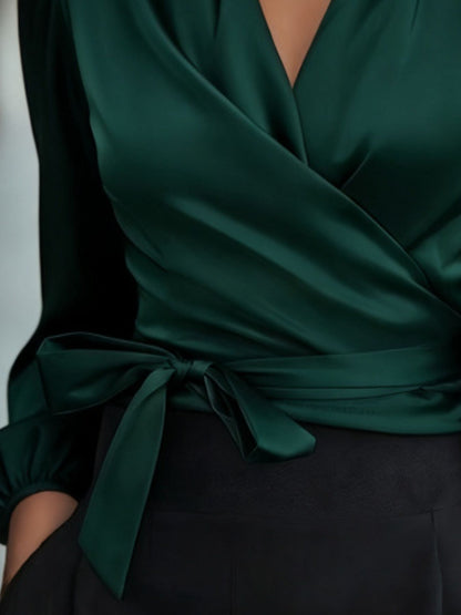 Women's Satin Tie Waist Wrap Blouse