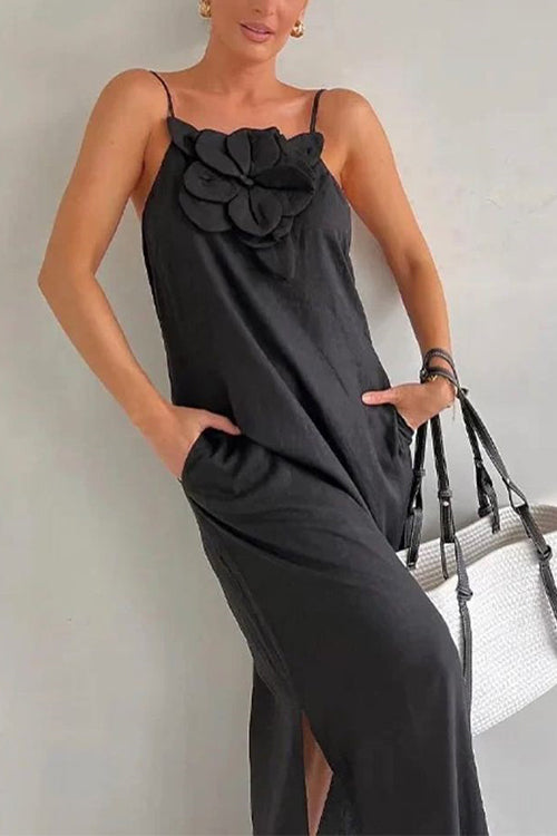 3D Flower Side Slit Cotton Linen Maxi Cami Dress Black