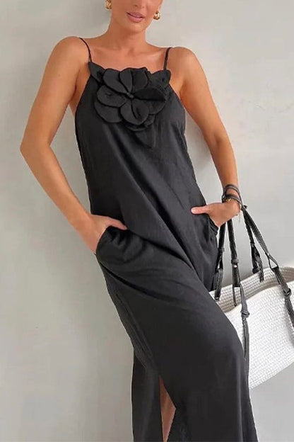 3D Flower Side Slit Cotton Linen Maxi Cami Dress Black