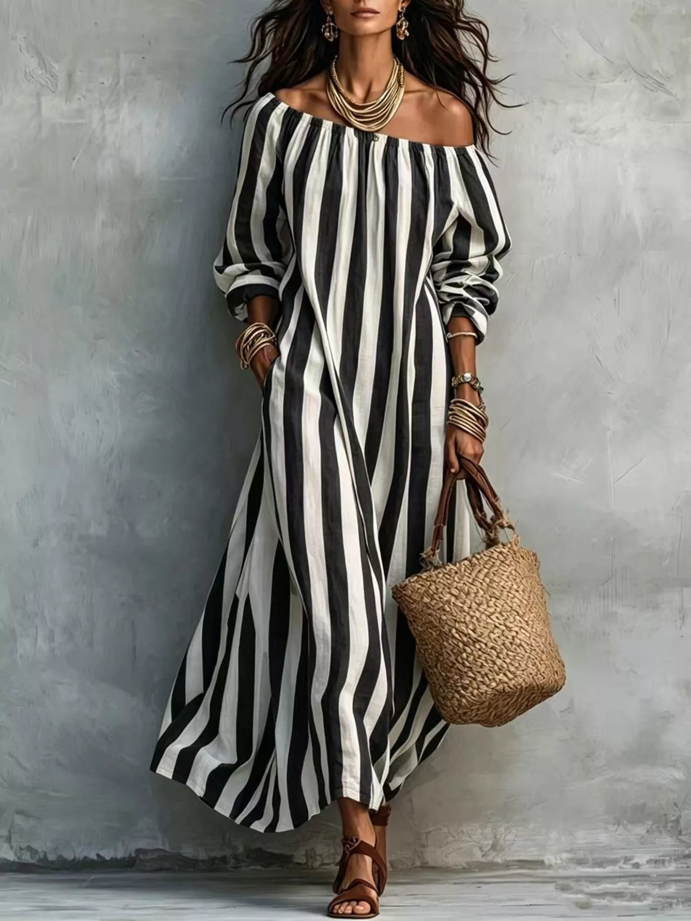 Off-Shoulder Striped Dress with Pockets