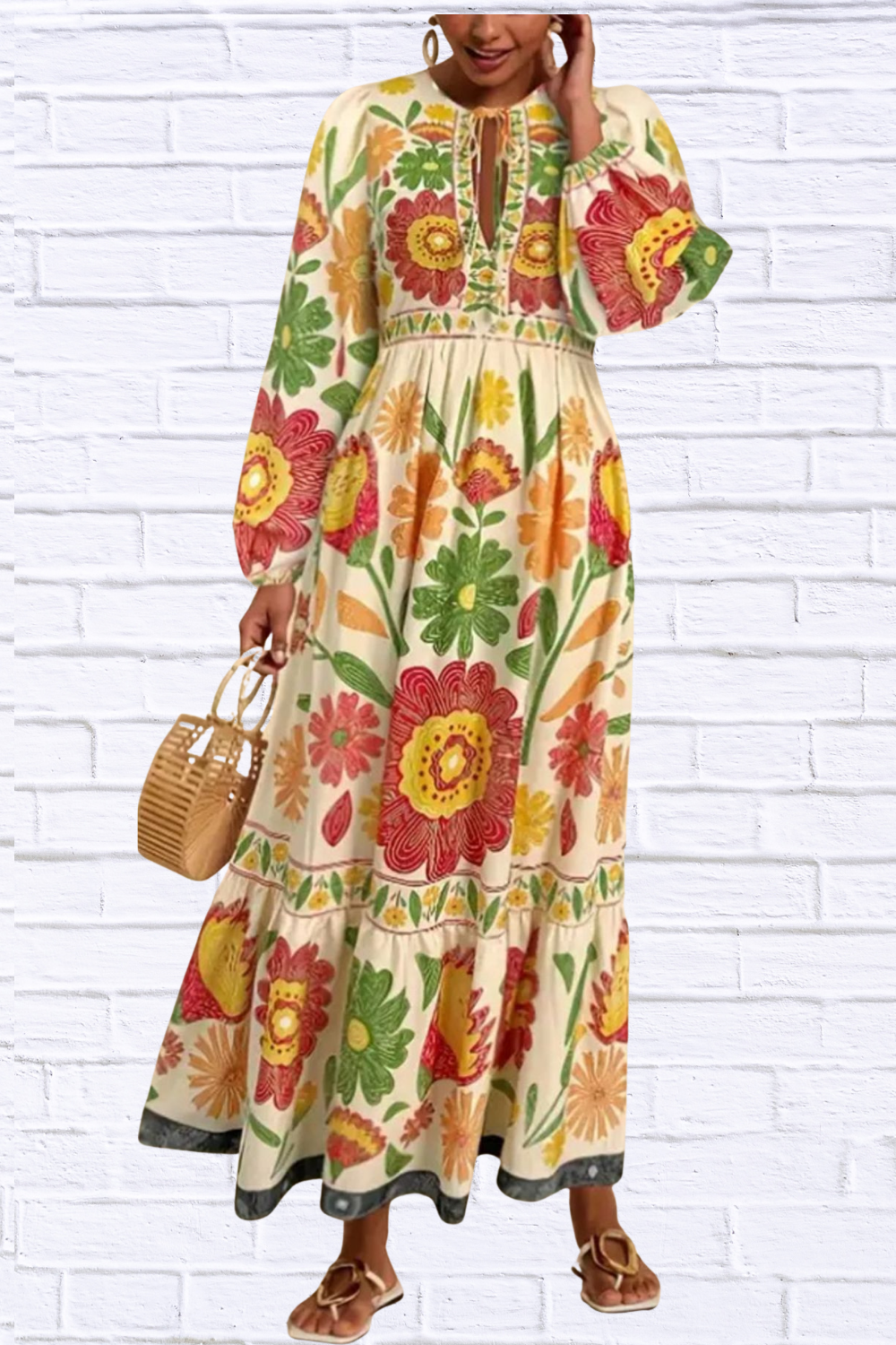 Floral Tie Waist Long Sleeve Dress