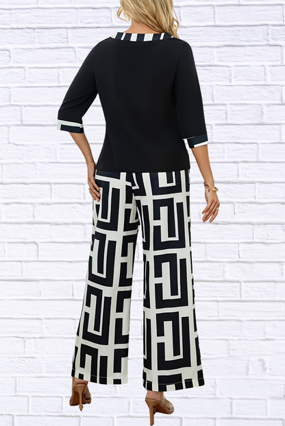 Geometric Print Round Neck Top and Pants Two-Piece Set