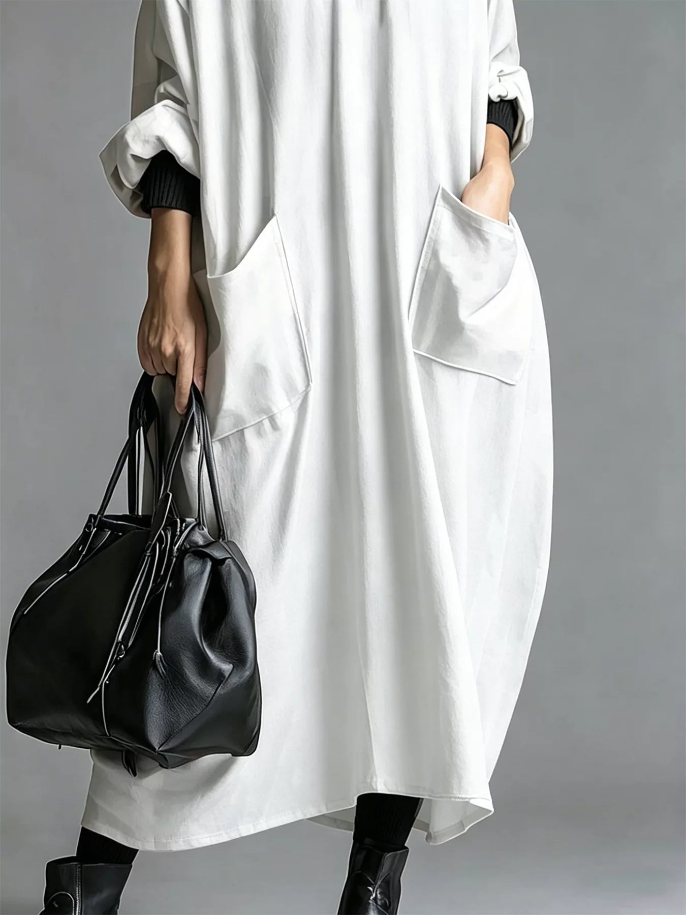 Full Size Loose-Fit Mock Neck Midi Dress with Pockets Plus Size