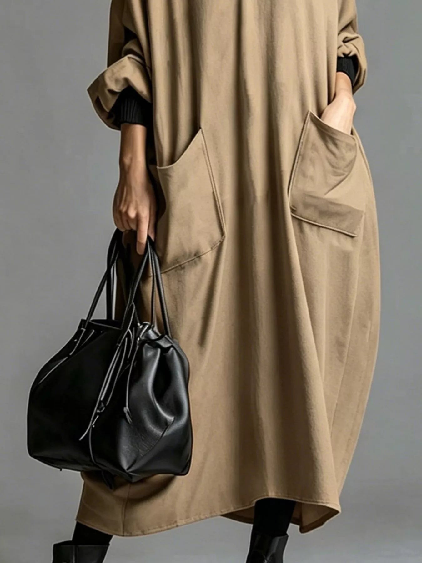 Full Size Loose-Fit Mock Neck Midi Dress with Pockets Plus Size