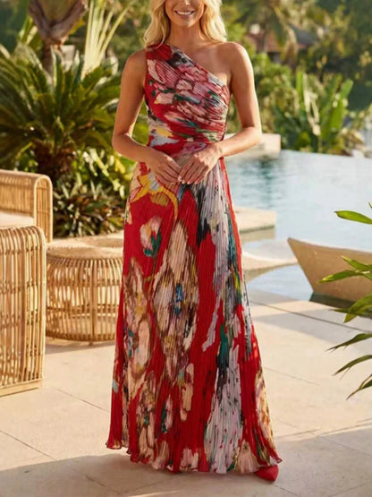 One-Shoulder Pleated Floral Maxi Dress