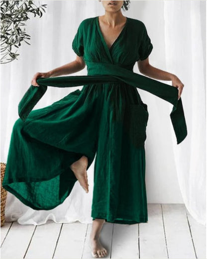 Short Sleeved Solid Color Loose Casual Jumpsuit