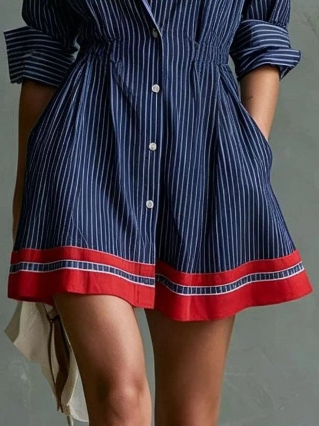 Striped Button-Down Shirt Dress with Contrast Hem
