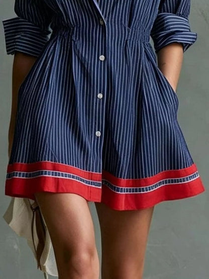 Striped Button-Down Shirt Dress with Contrast Hem