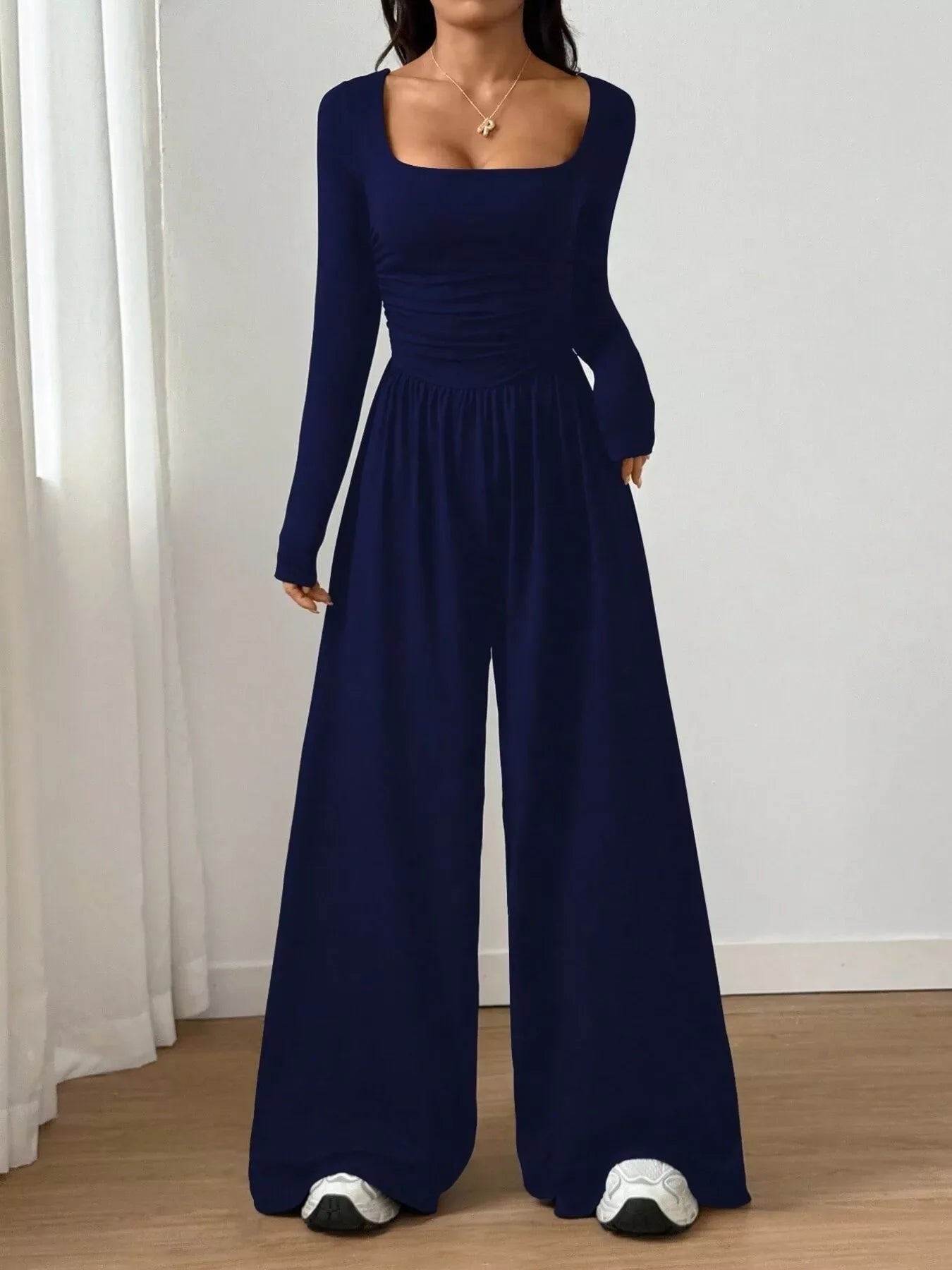 Ruched Square Neck Wide-Leg Jumpsuit