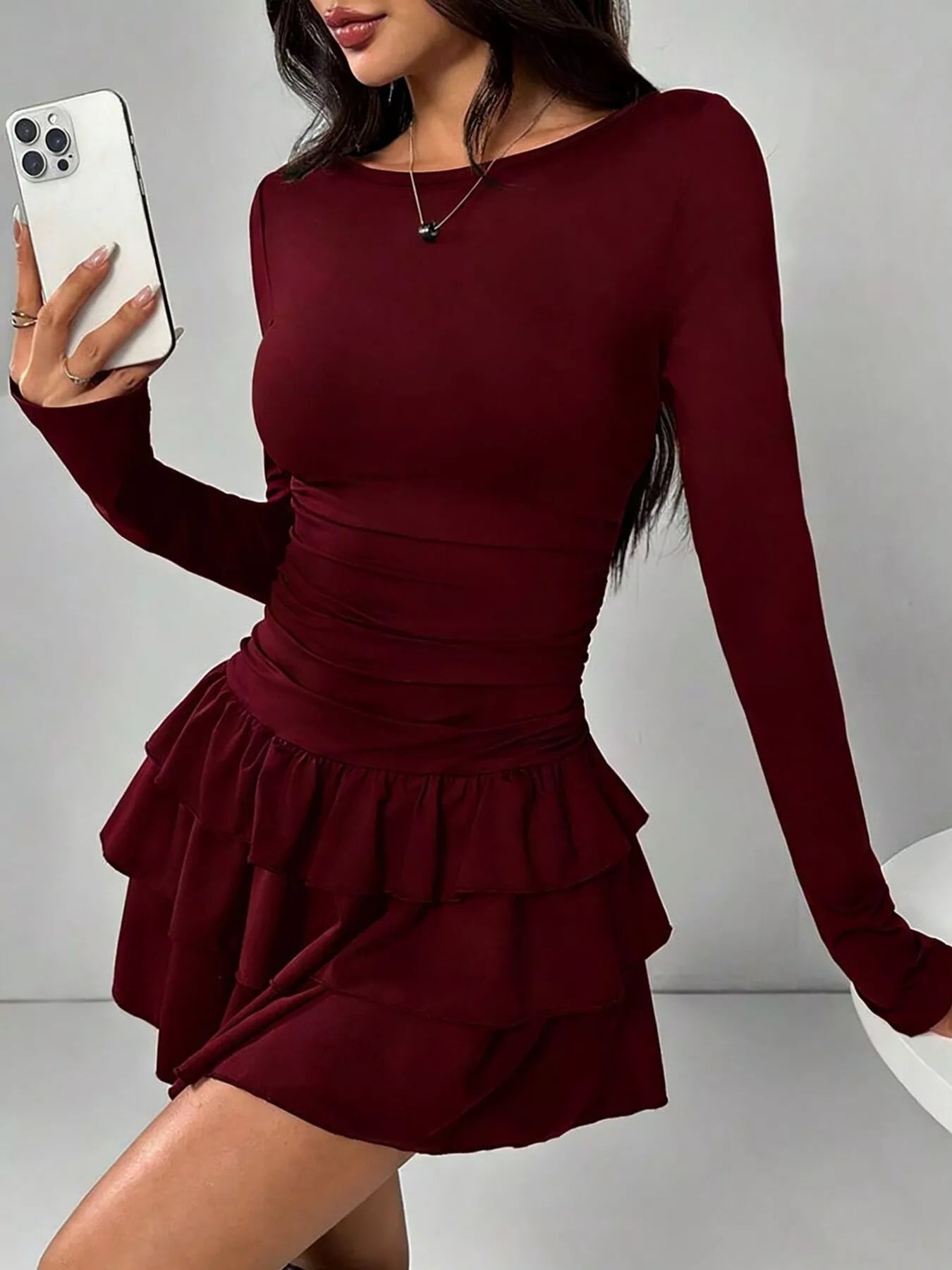 Elara's Ruched Long Sleeve Layered Ruffle Mini Dress
