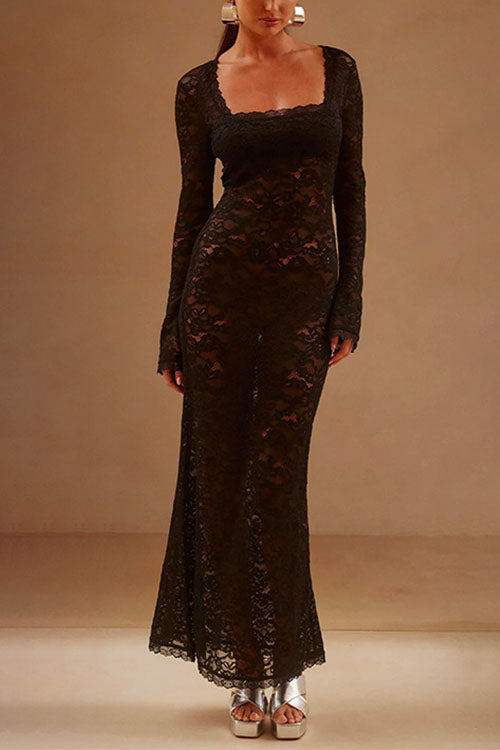 Square Collar Lace Mermaid Maxi Dress Black
