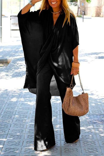 Cross Front Batwing Top Wide Leg Pants Cotton Linen Set Black