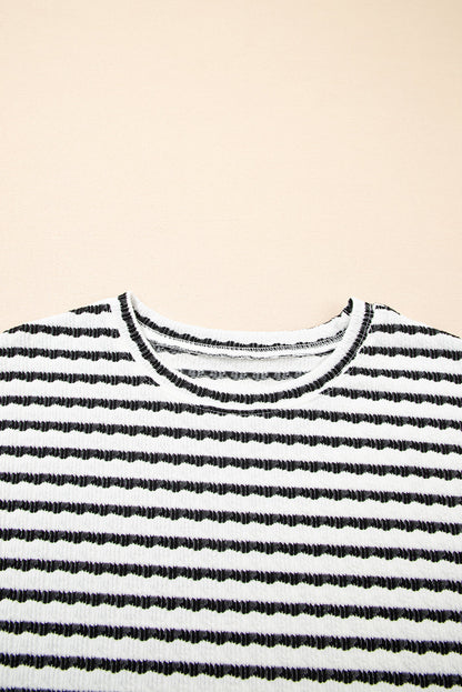 Black Stripe Knitted Short Sleeve Top and Drawstring Shorts Set