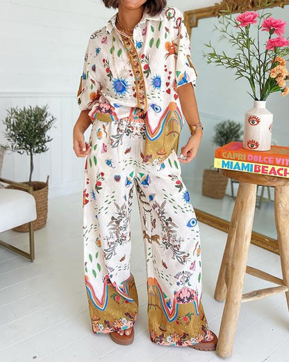 Fashion Printed Short Sleeve Shirt & Pants Two-piece Set