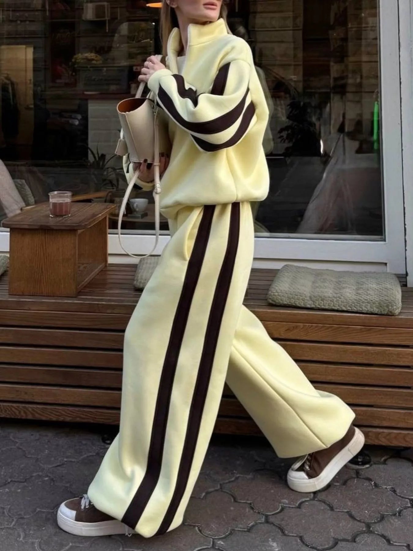 Contrast Striped Zip Up Top and Pants Set