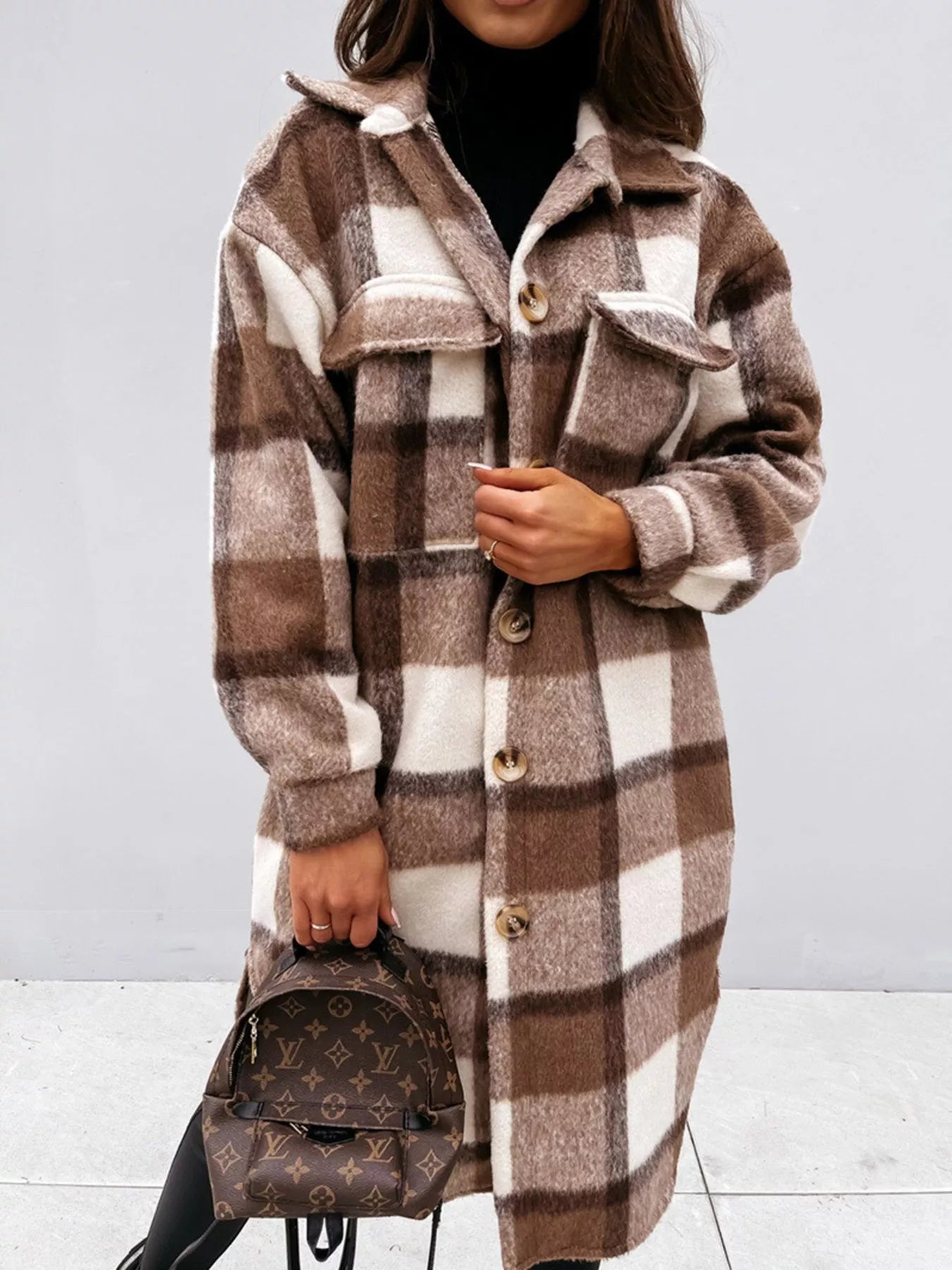 Longline Plaid Button-Up Coat for Women | Boutique Outerwear