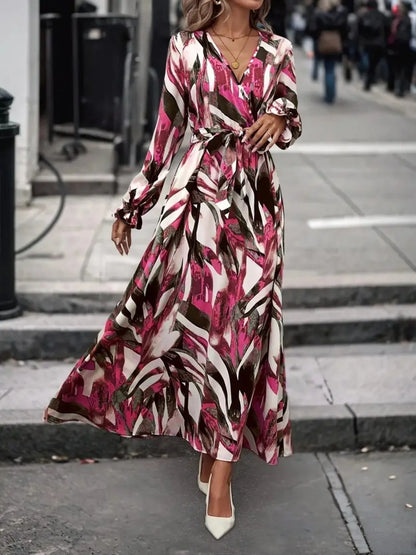 Printed Surplice Flounce Sleeve Maxi Dress