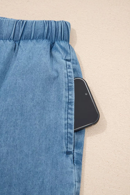Ruffled Hem Wide Leg Chambray Pants