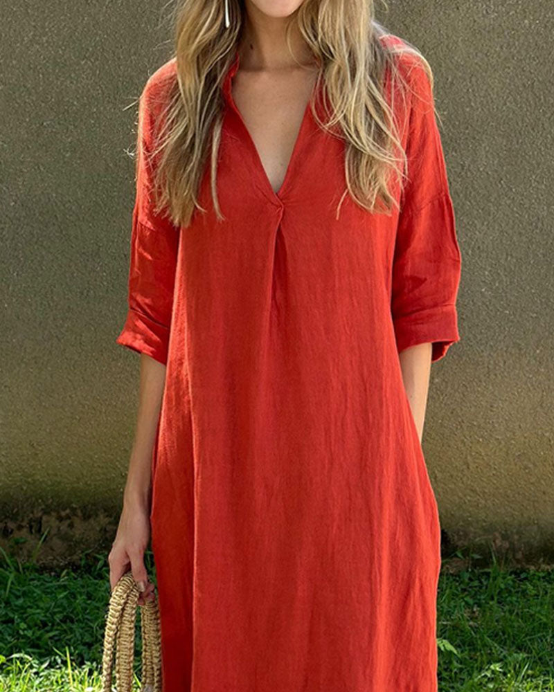 Casual Solid Color V-Neck Loose Cotton Linen Dress