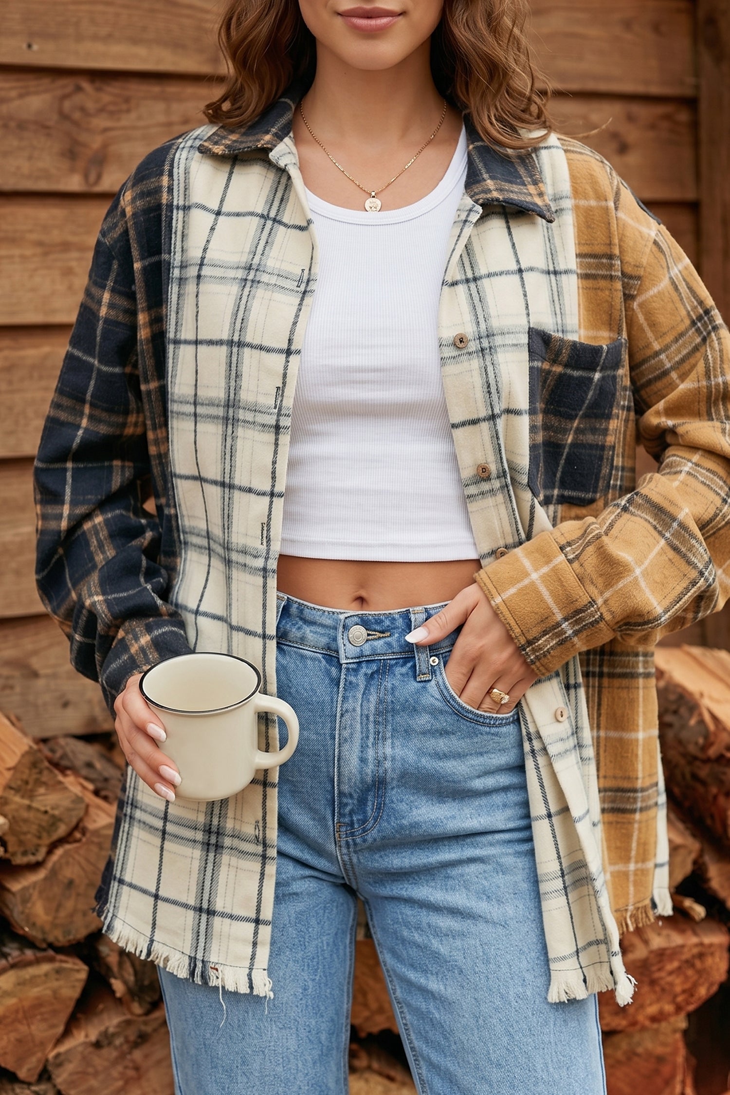 Multicolour Plaid Button-Up Long Sleeve Shift Silhouette Shacket