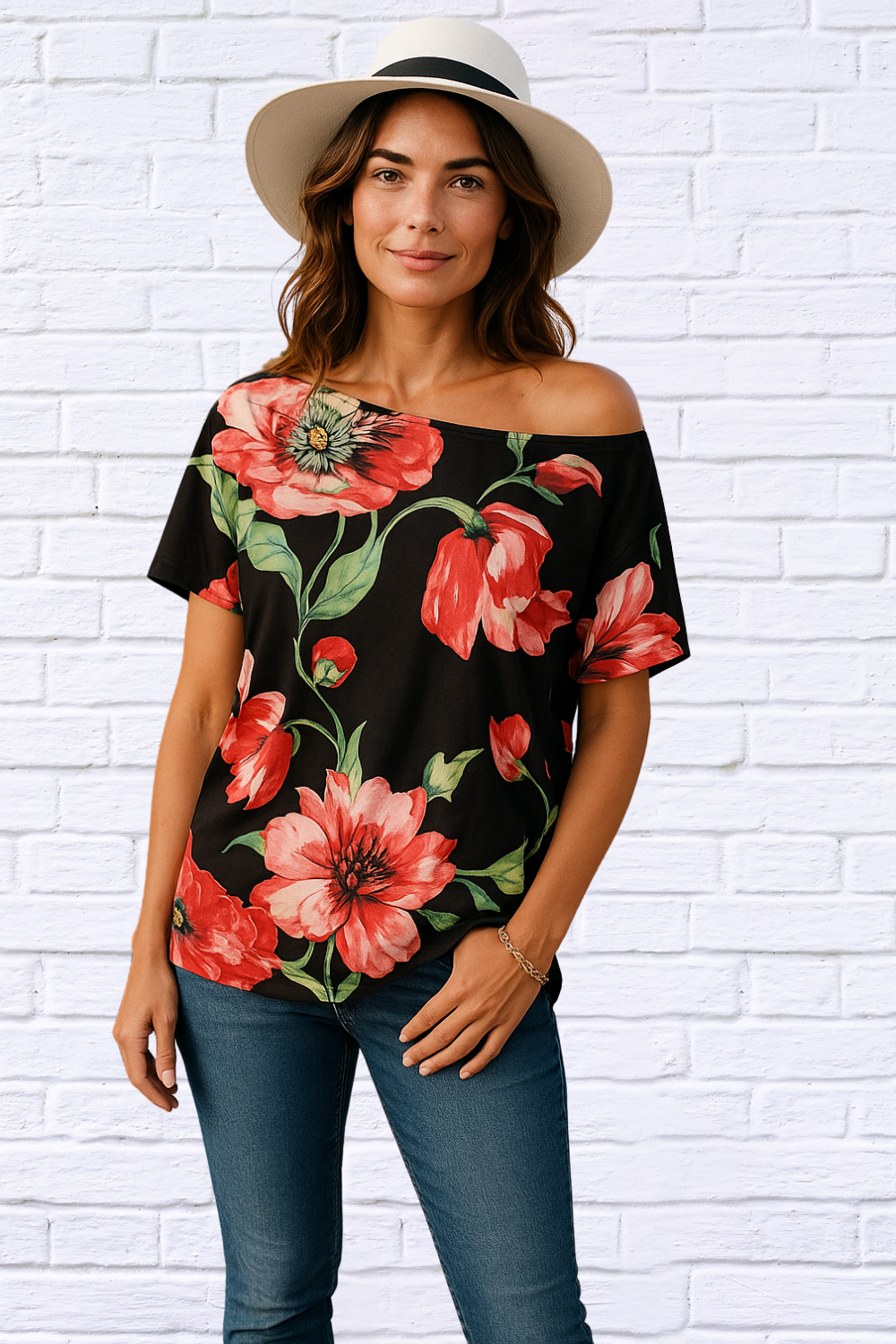 Floral Off The Shoulder Top - Black with Big Print Flower