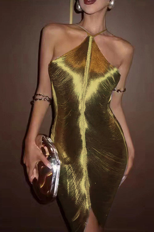 Chicest Halter Draped Fringe Mini Party Dress Gold