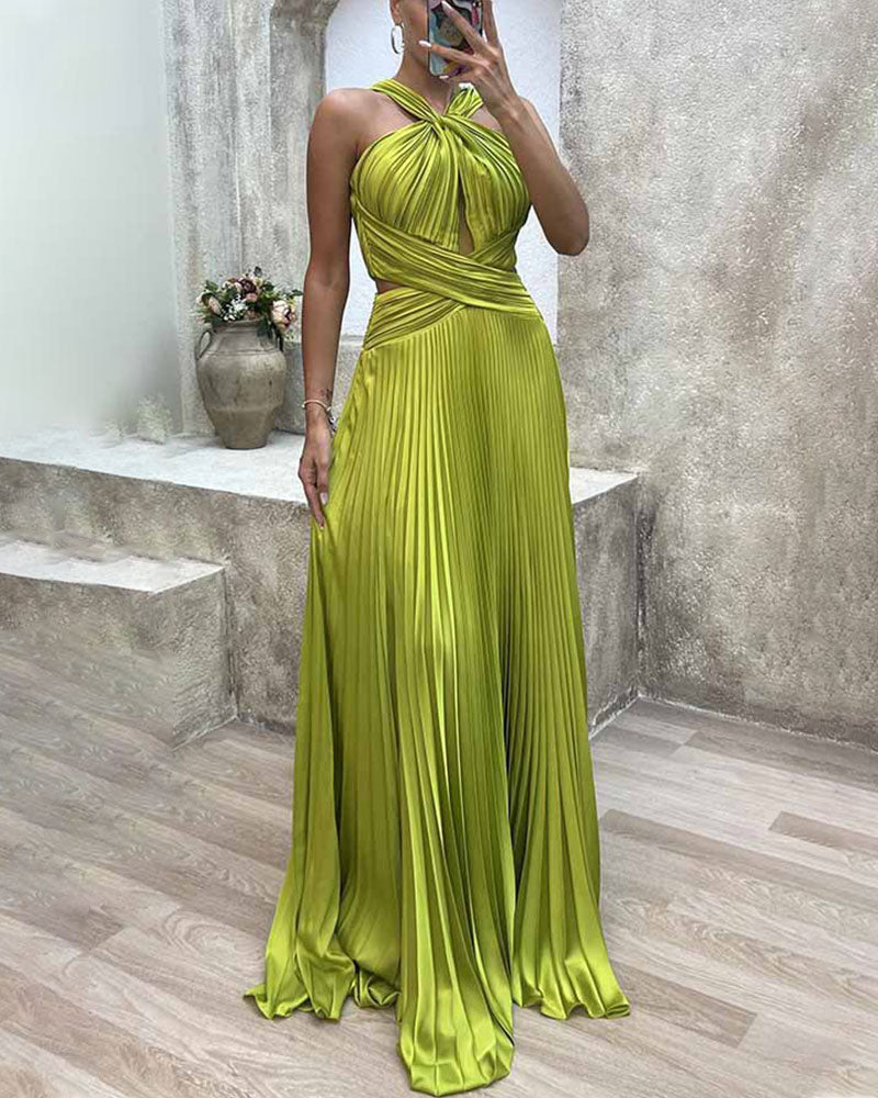 Party pleated halterneck slit dress