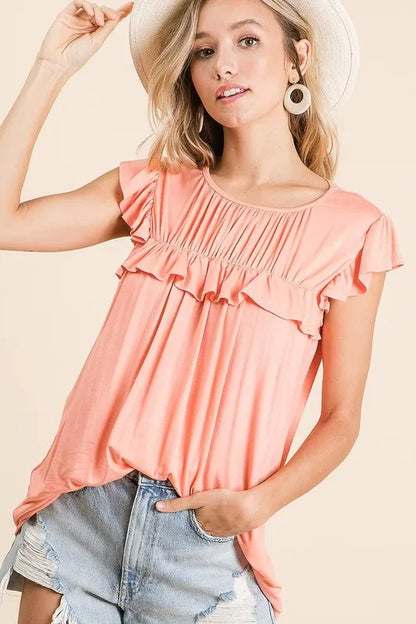 Bibi Jersey Knit Gathered Top With Ruffles