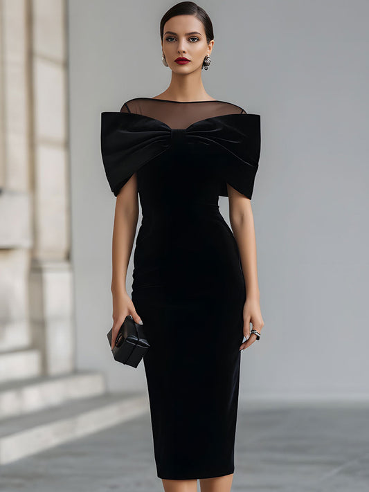 Dramatic Black Velvet Bow Midi Dress