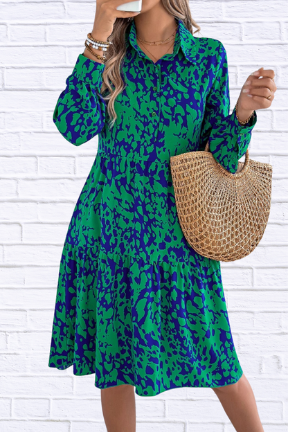 Printed Collared Neck Buttoned Tiered Long Sleeve Dress