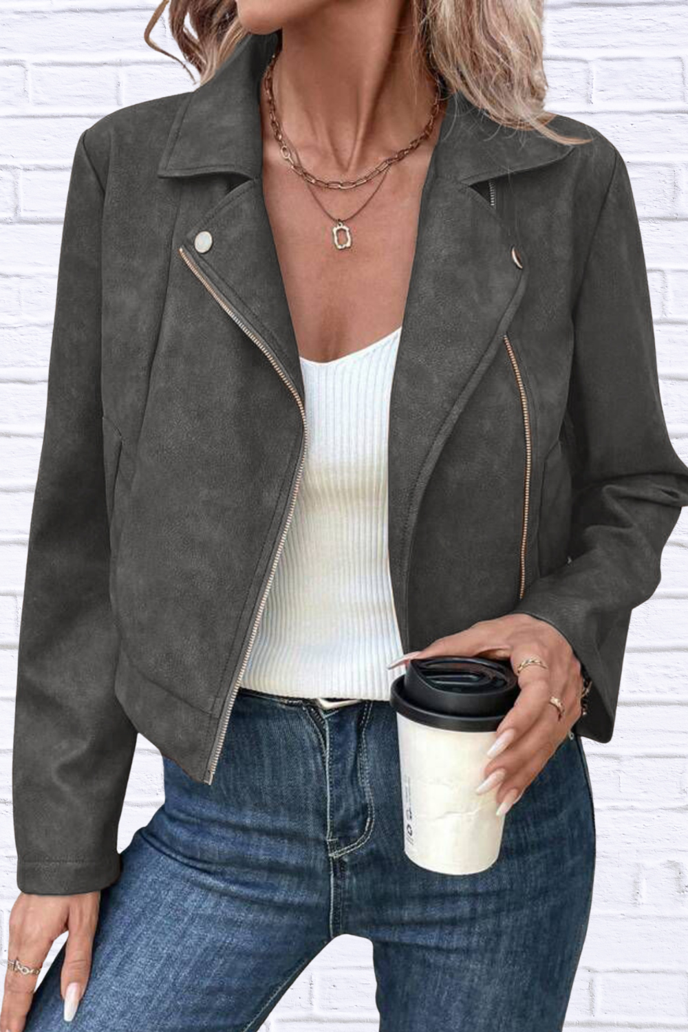 Zip Up Suede Cropped Moto Jacket