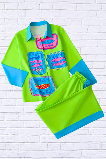 Fun, Bold, Eye-Catching Long Sleeved Elastic Waist Pants Set – Lime Green and Turquoise