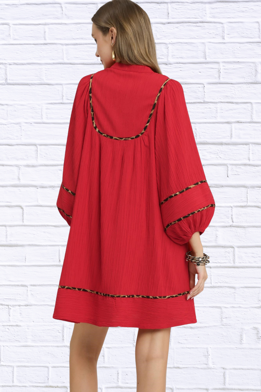 Umgee Textured Babydoll Dress with Leopard Trim