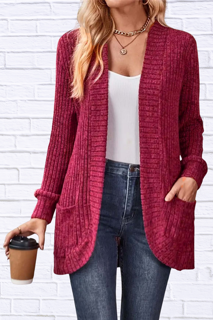 Ribbed Open Front Long Cardigan with Pockets