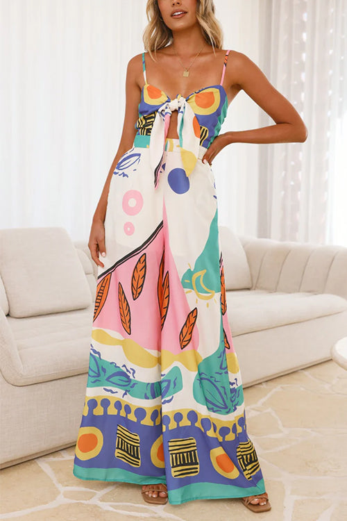 Combinaison caraco imprimée à jambes larges avec poches et nœud sur le devant