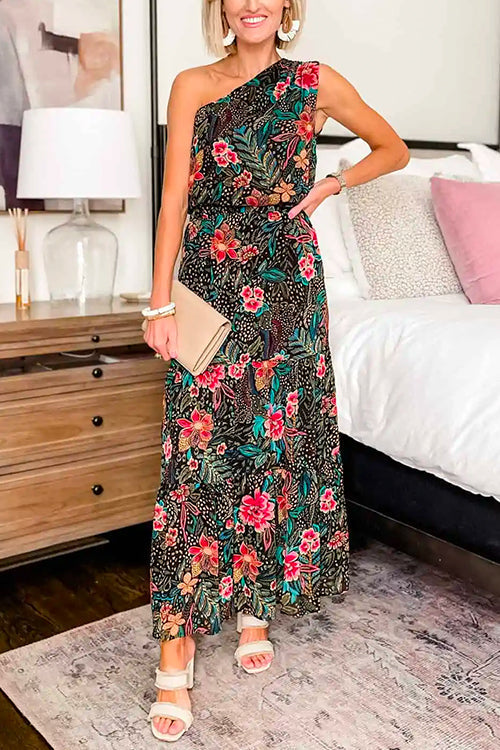 One Shoulder Waisted Floral Print Maxi Holiday Dress Floral