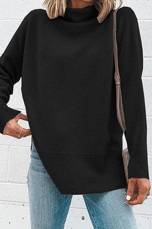 Janice Turtleneck Side Split Long Sleeve Top Black