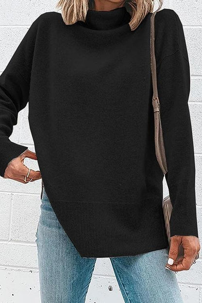 Janice Turtleneck Side Split Long Sleeve Top Black