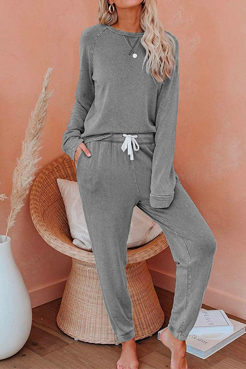 Rosiedress Long Sleeves T-shirt Drawstring Waist Joggers Loungewear Set Gray