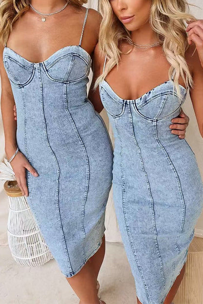 Spaghetti Strap Back Slit Denim Bodycon Dress